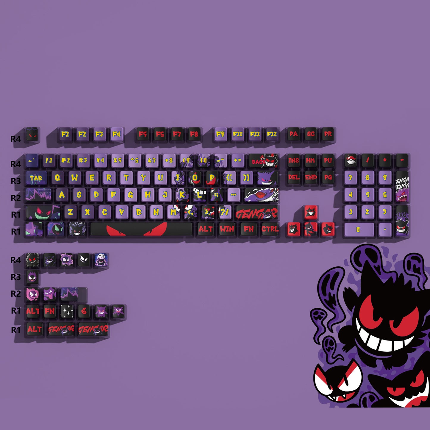 YMDK Evil Briquettes Gengar Cartoon Keycaps Translucent Full Set 122 keys MDA Profile PBT+PC Dye Sub Cool Custom Keycaps for MX Mechanical Keyboard