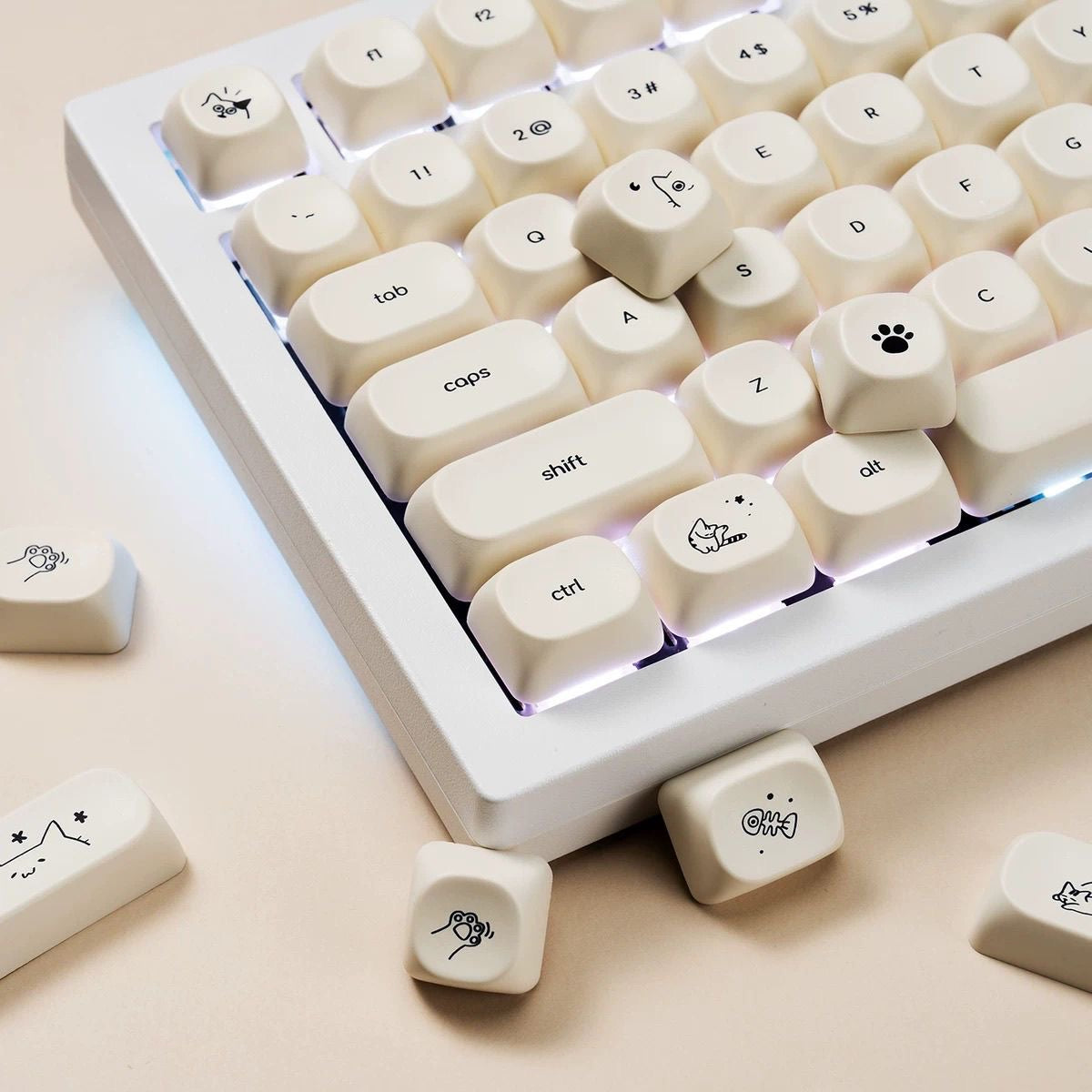 YMDK 124 Keys Milky White Cat Theme Keycap MOA Profile PBT Dye Sublimation Keycaps Top Print for 61/68/87/98/104/108 Layout MX Mechanical Keyboards