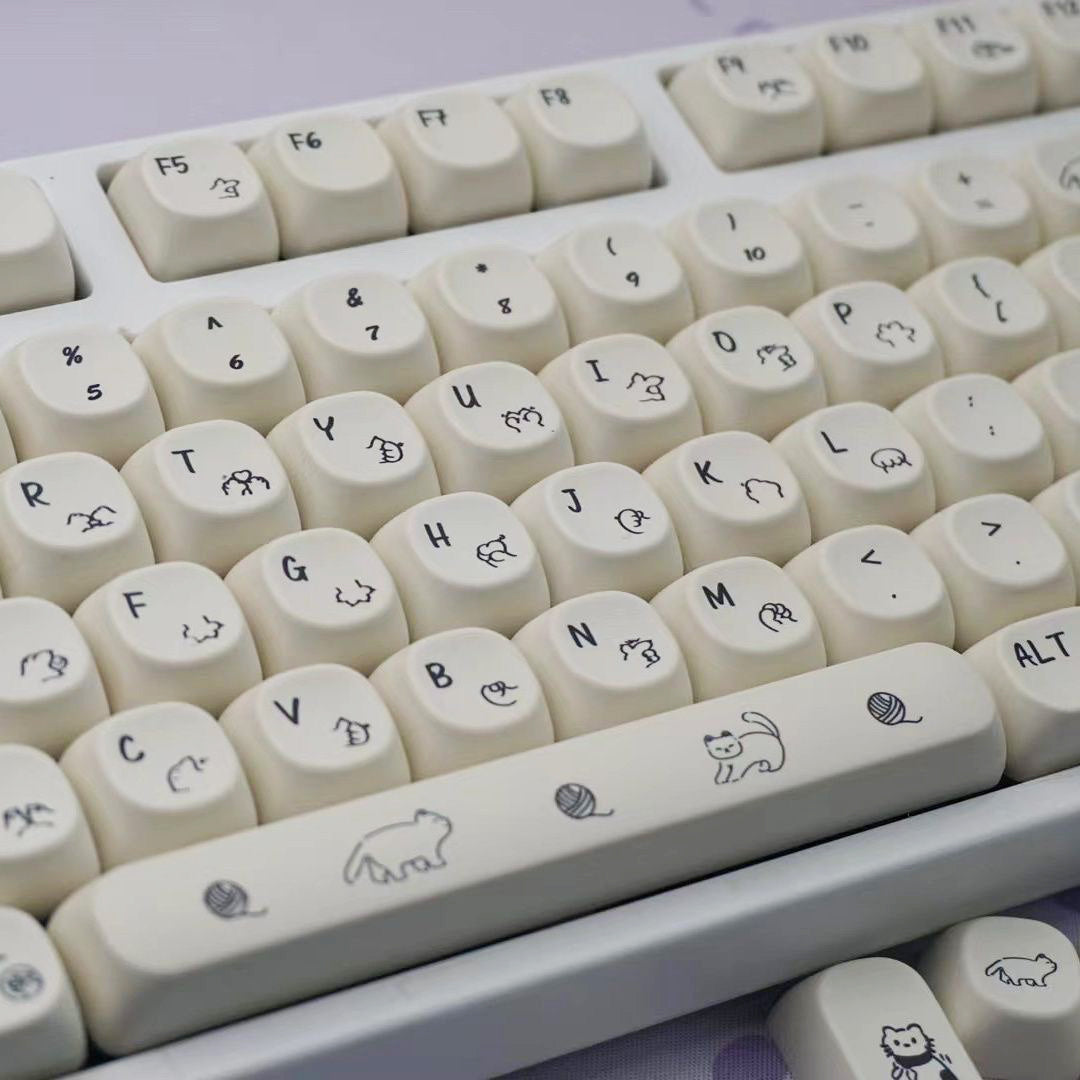 YMDK 124 Keys Milky White Cat Theme Keycap MOA Profile PBT Dye Sublimation Keycaps Top Print for 61/68/87/98/104/108 Layout MX Mechanical Keyboards