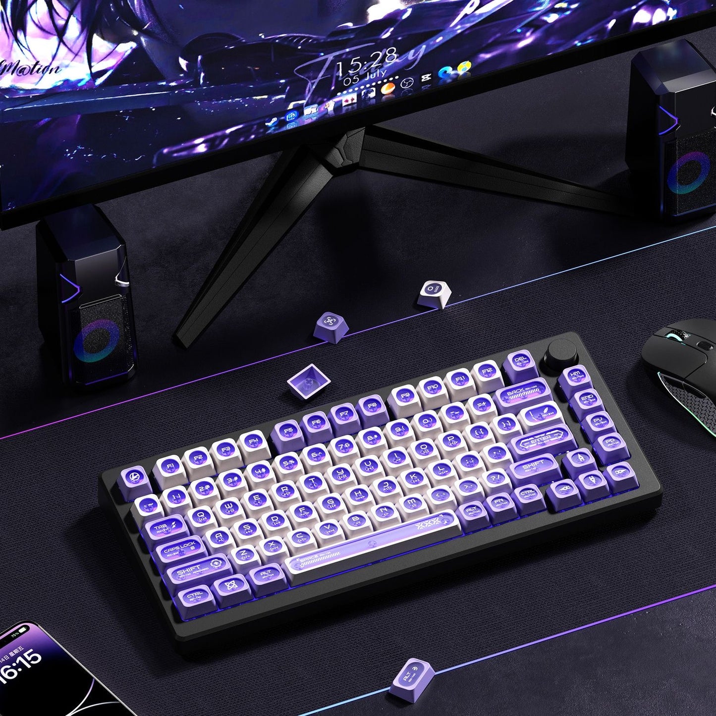 YMDK Crescent Moon Matte Shine Through 136 Key Top Print Keycaps PBT+PC Matte Dye Sub Keycaps MAX Profile for 61/68/84/87/98/104/108 MX Mechanical Keyboard