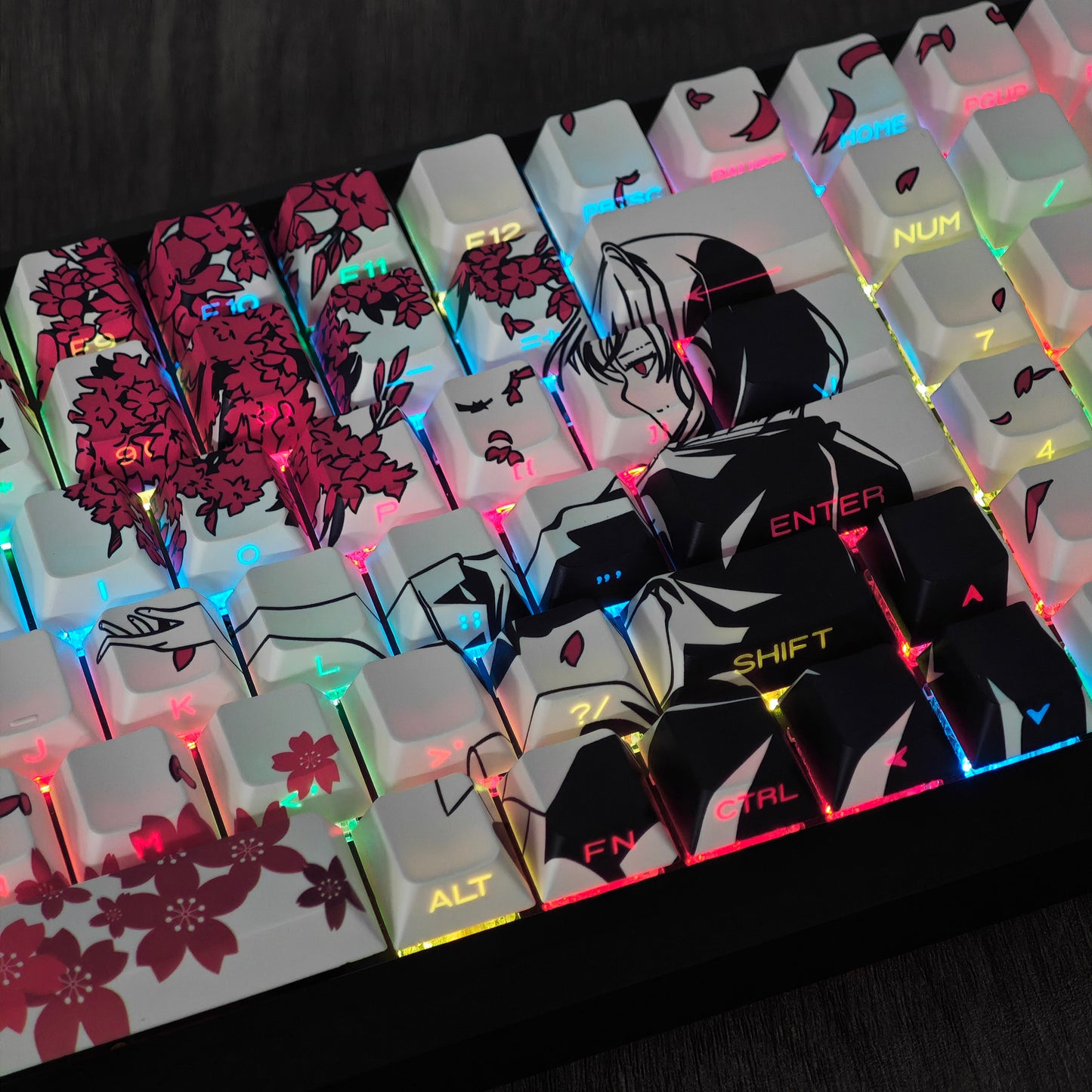 YMDK 131 Raven Sakura Keycap Cherry Profile Double Shot Sidelit Shine Through PBT Keycaps for 65/75/87/98/100/104 MX Mechanical Keyboard