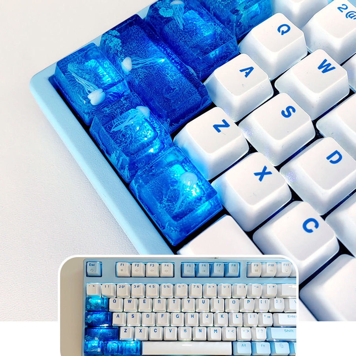 YMDK Coral Jellyfish Personality Keycaps Blue Ocean Translucent Key Caps Handmade Resin Keycap for MX Mechanical Keyboard