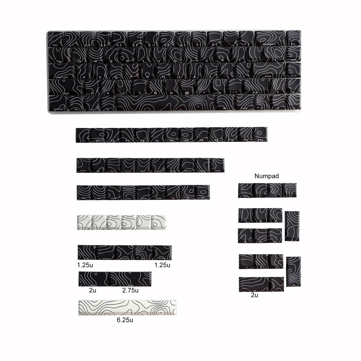 YMDK 131 Blcak Contour Lines Low Profile PBT Double Shot Keycaps for MX Mechanical Keyboards