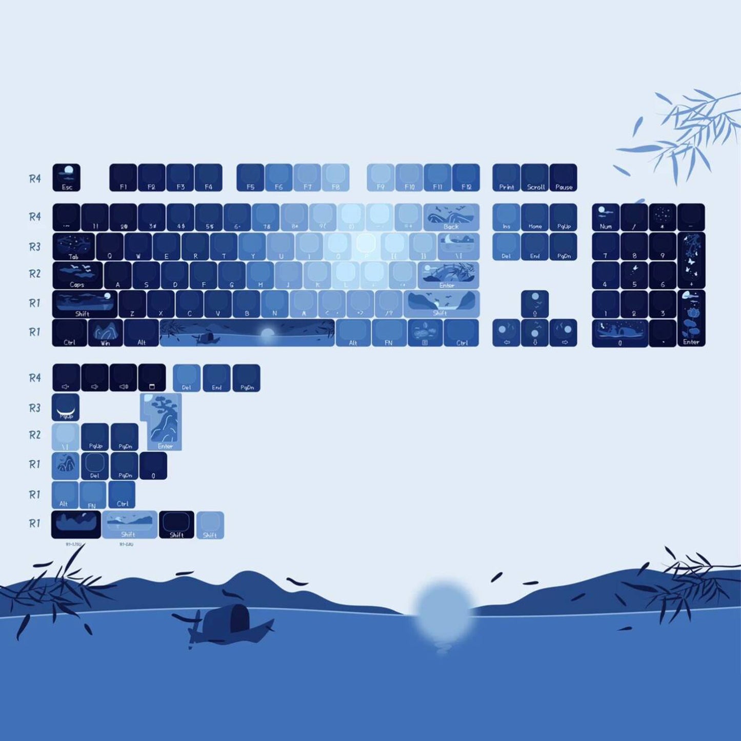 YMDK Mingyue Qianli Theme Keycap Full Set 127 Keys Blue Side Print Translucent Dye Sub Cherry Profile for Mechanical Keyboard