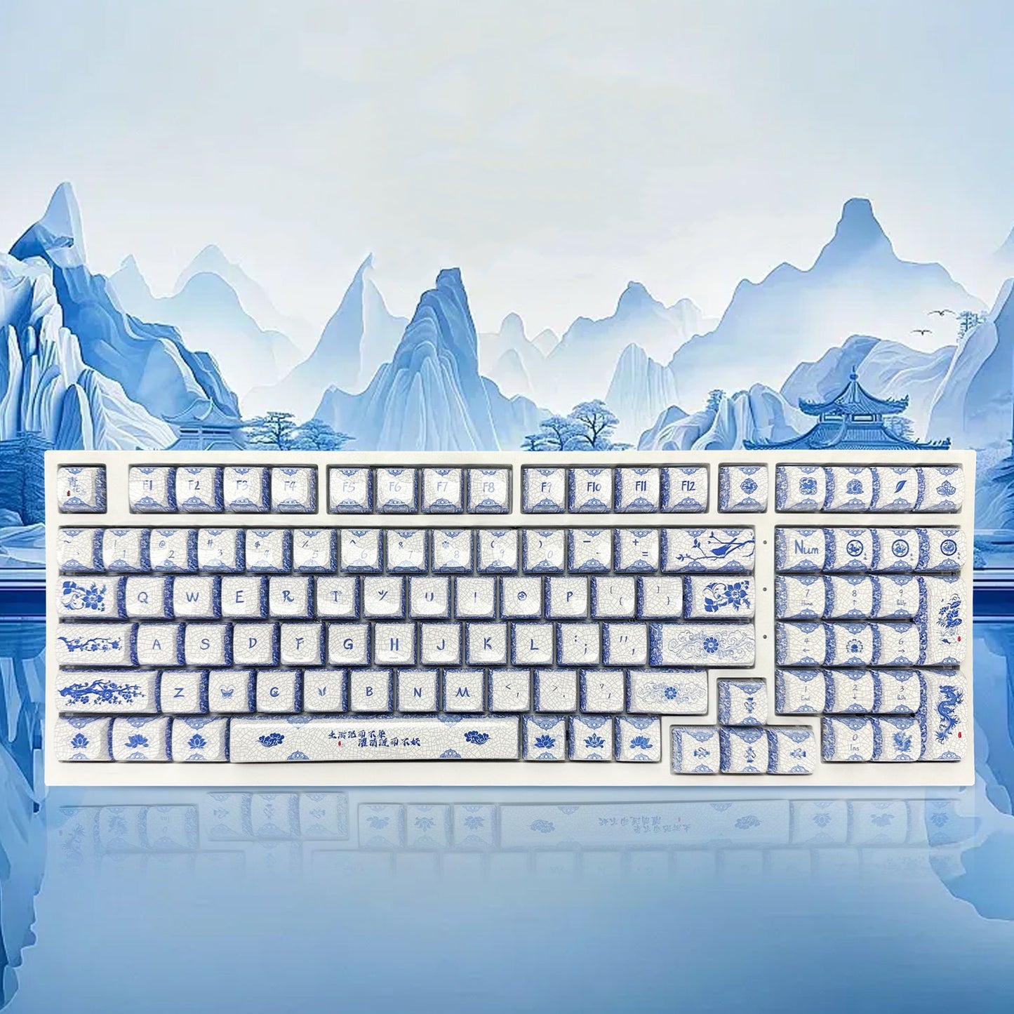 YMDK 138 Keys Blue and White Porcelain Theme Keycaps ZDA Profile Sublimated Mirror Ceramic Feel Keycap for 61/68/87/98/104/108 MX Mechanical Keyboard