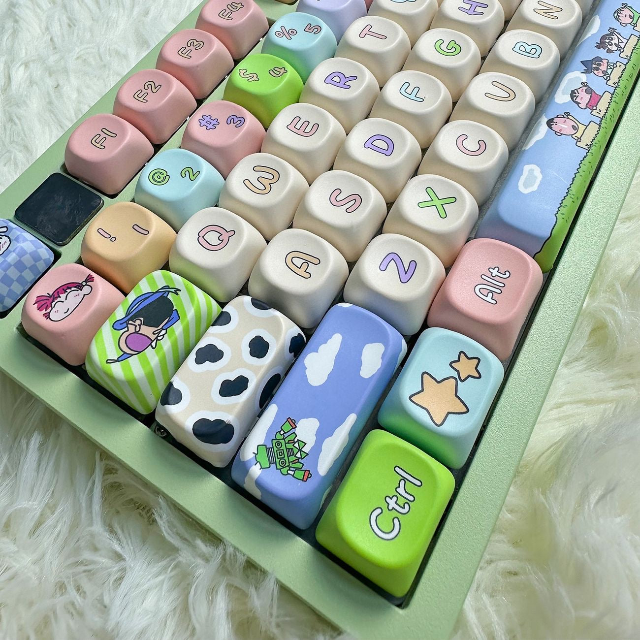 YMDK Crayon Cute Cartoon Anime Naughty 118keys Keycap MOA Profile 5 Sides Dye Sub PBT High-value Keycaps for 61/68/75/87/96/100/104/108 MX Mechanical Keyboard