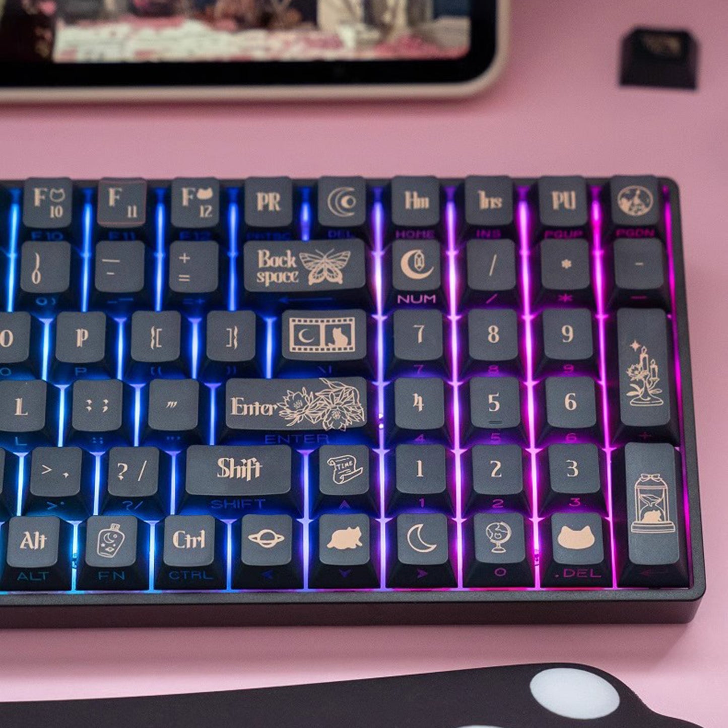 YMDK End of Time Theme 128 keys PBT Keycap Side-lit Shine Through Top Print Dye Sub Cherry Profile Custom Keycaps for MX Mechanical Keyboard