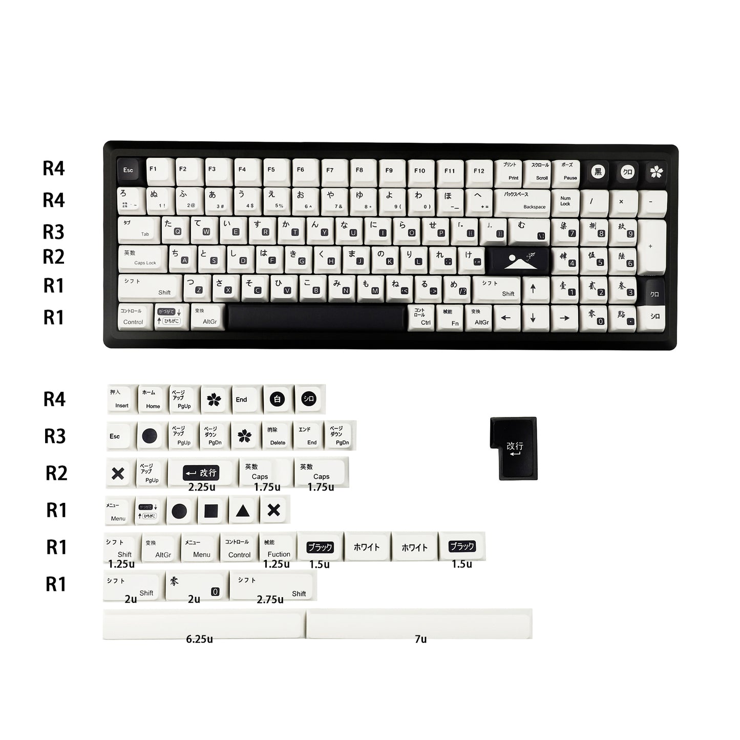 YMDK Black White Dye Sub Japanese Keycaps(MDA Profile PBT )