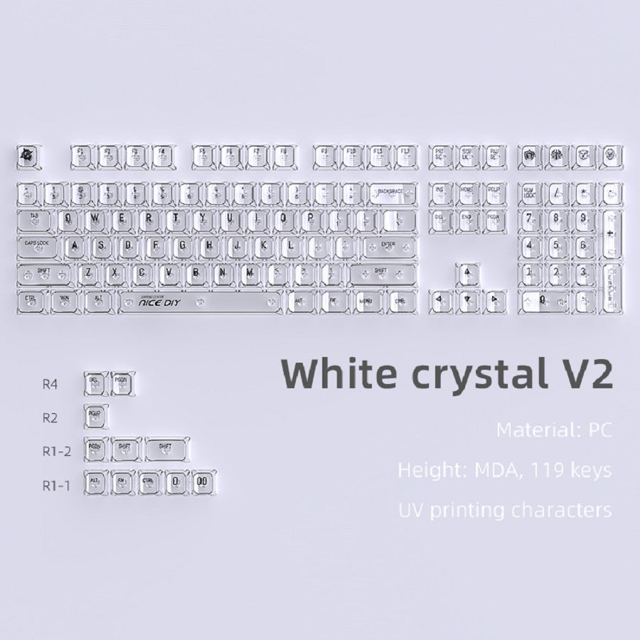 YMDK White Crystal 119 Keys UV Printing MDA Profile Keycap PC Shine Through Transparent Keycaps for 61/68/84/87/98/100 MX Mechanical Keyboard