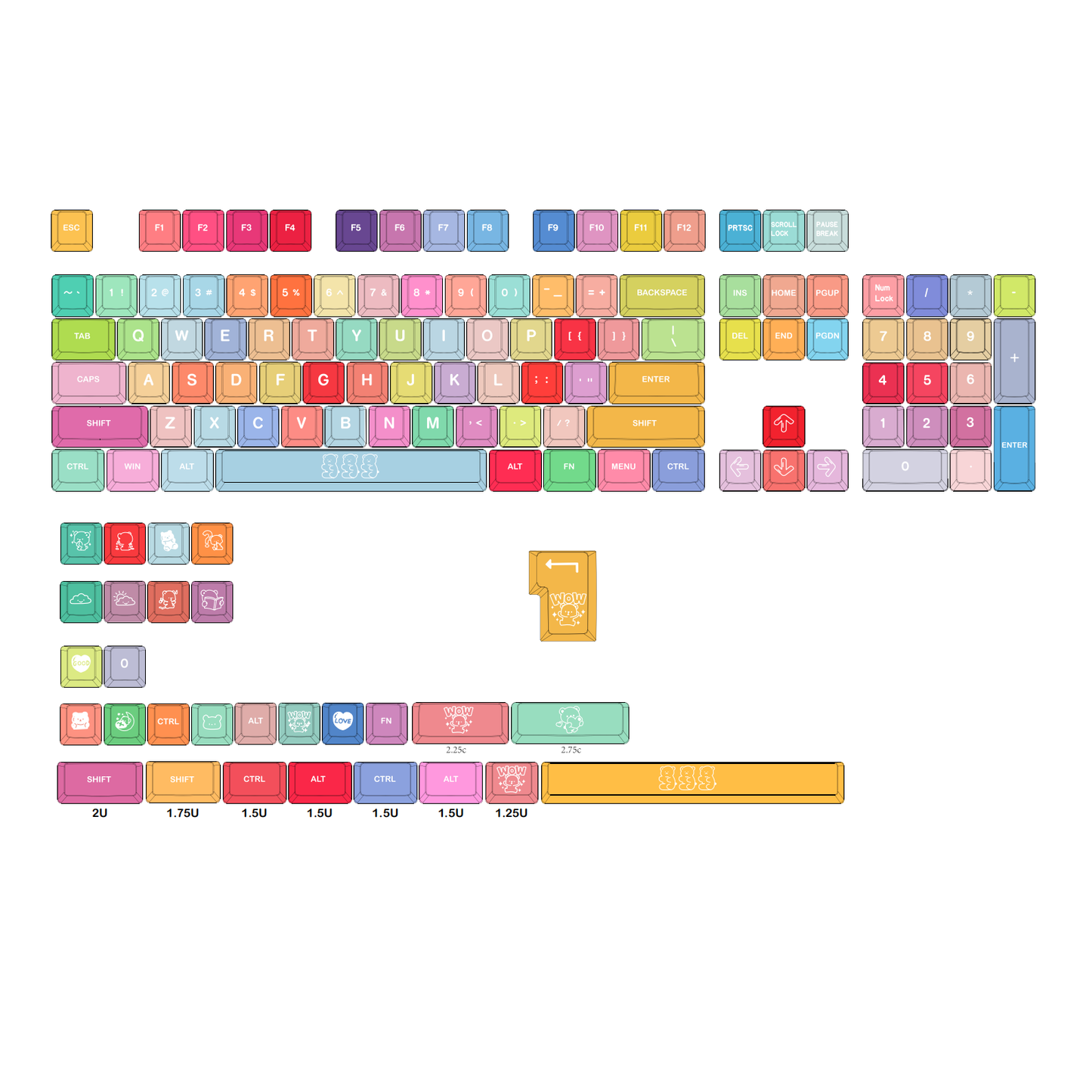 YMDK 134 Keys Color Gummy Cute Bear Theme MOA Profile PBT Material Dye Sublimation Top Print Keycaps for 61/68/84/87/98/104/108 MX Mechanical Keyboard