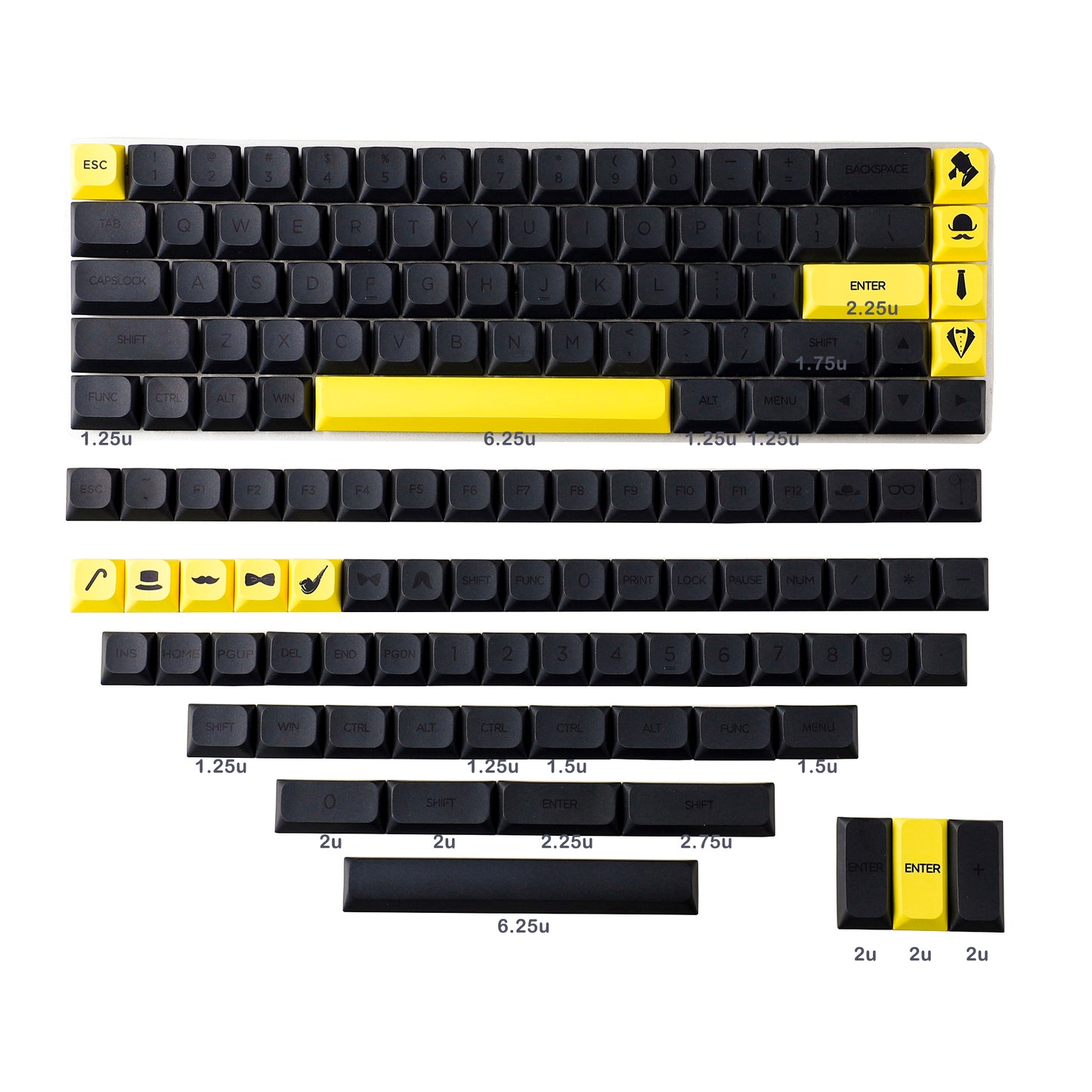 YMDK 135 Ultra-slim Gentleman Mx Low Profile Dye Sub PBT Keycaps For Mx 61 64 68 75 84 87 96 108 Layout Mechanical Keyboard