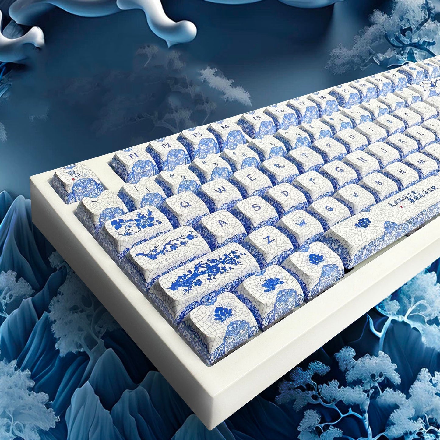 YMDK 138 Keys Blue and White Porcelain Theme Keycaps ZDA Profile Sublimated Mirror Ceramic Feel Keycap for 61/68/87/98/104/108 MX Mechanical Keyboard
