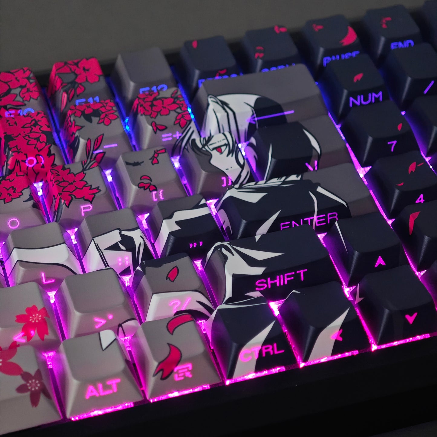 YMDK 131 Raven Sakura Keycap Cherry Profile Double Shot Sidelit Shine Through PBT Keycaps for 65/75/87/98/100/104 MX Mechanical Keyboard