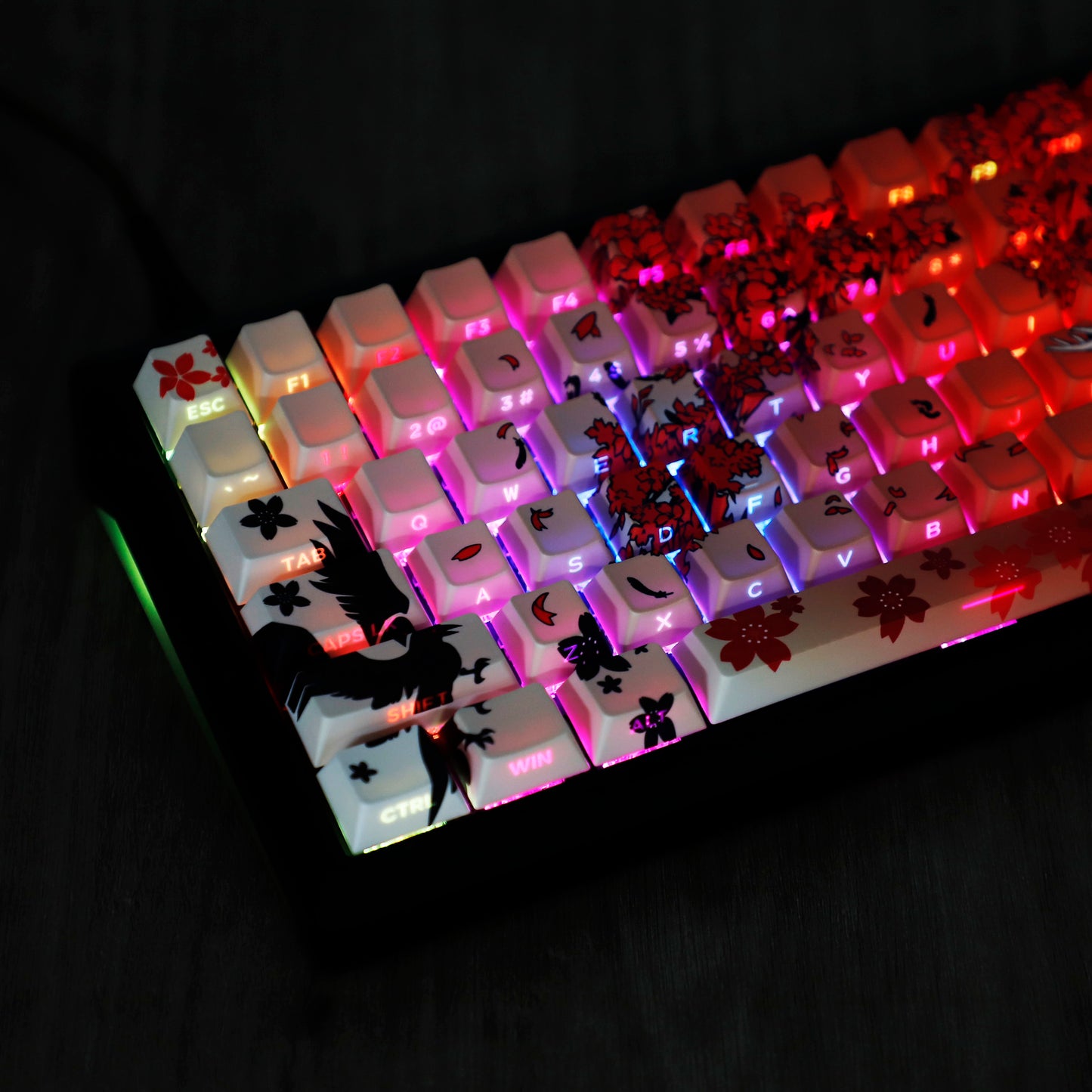 YMDK 131 Raven Sakura Keycap Cherry Profile Double Shot Sidelit Shine Through PBT Keycaps for 65/75/87/98/100/104 MX Mechanical Keyboard