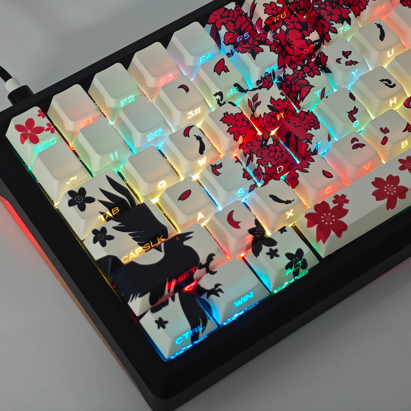 YMDK 131 Raven Sakura Keycap Cherry Profile Double Shot Sidelit Shine Through PBT Keycaps for 65/75/87/98/100/104 MX Mechanical Keyboard