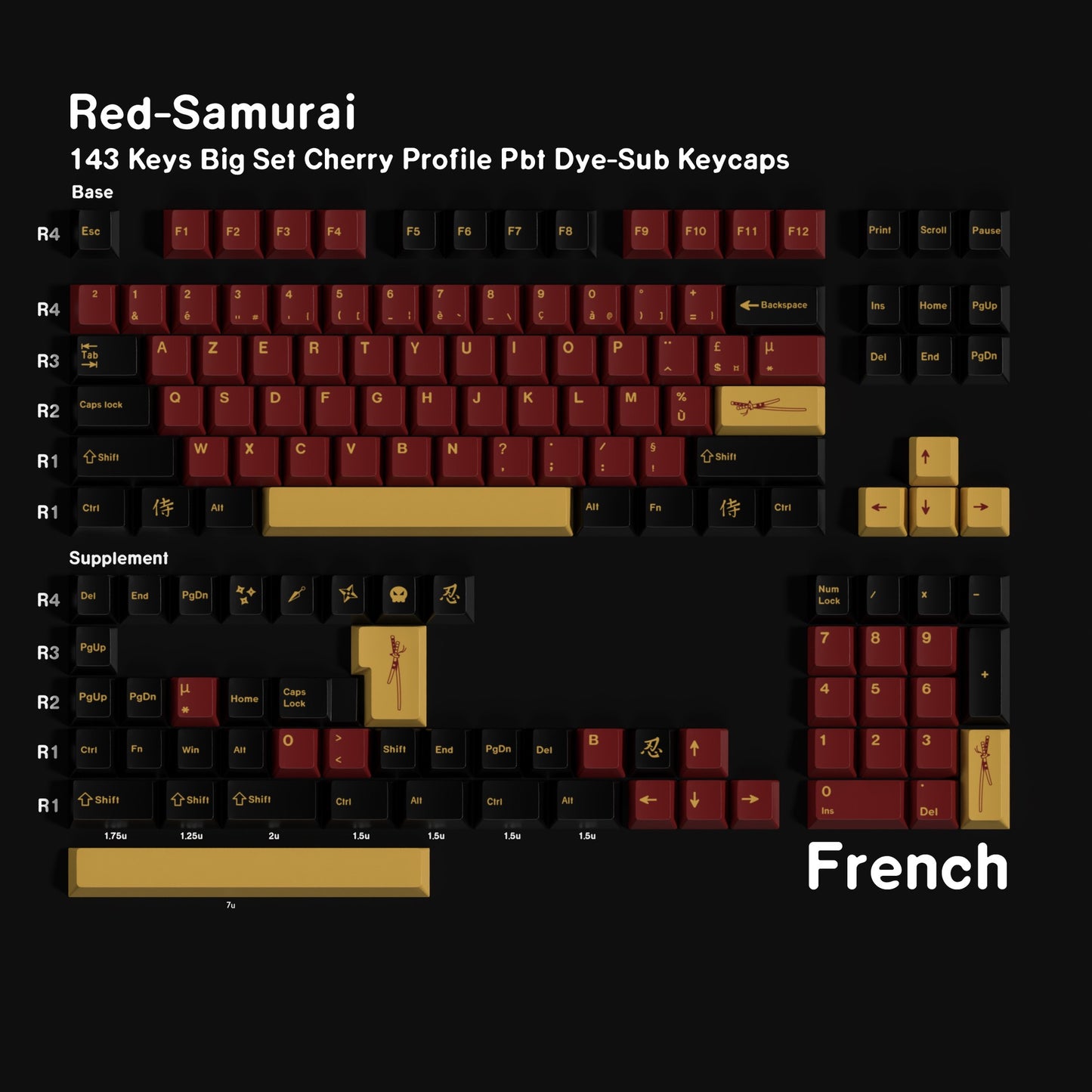 YMDK 143 Keys Red-Samurai Cherry Profile Keycaps English Russian German Spanish French PBT Dye Sub Keycap For MX Mechanical Keyboards
