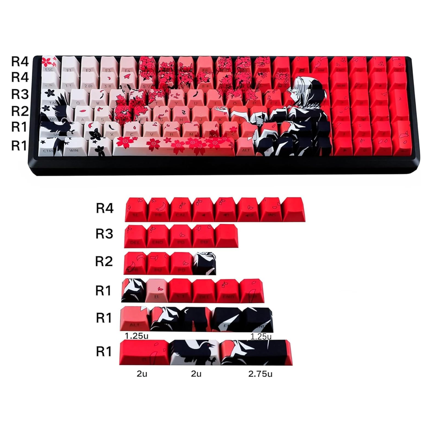 YMDK 131 Raven Sakura Keycap Cherry Profile Double Shot Sidelit Shine Through PBT Keycaps for 65/75/87/98/100/104 MX Mechanical Keyboard