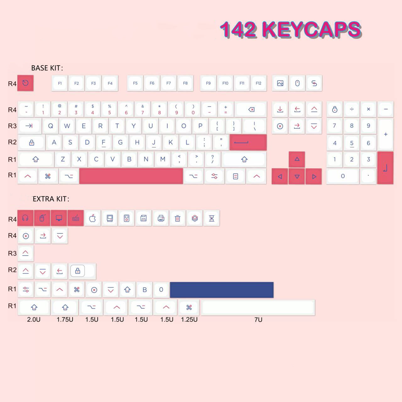 YMDK Red and Blue Color Keycaps 142 Keys MDA Profile PBT Dye Sublimation for mechanical keyboard