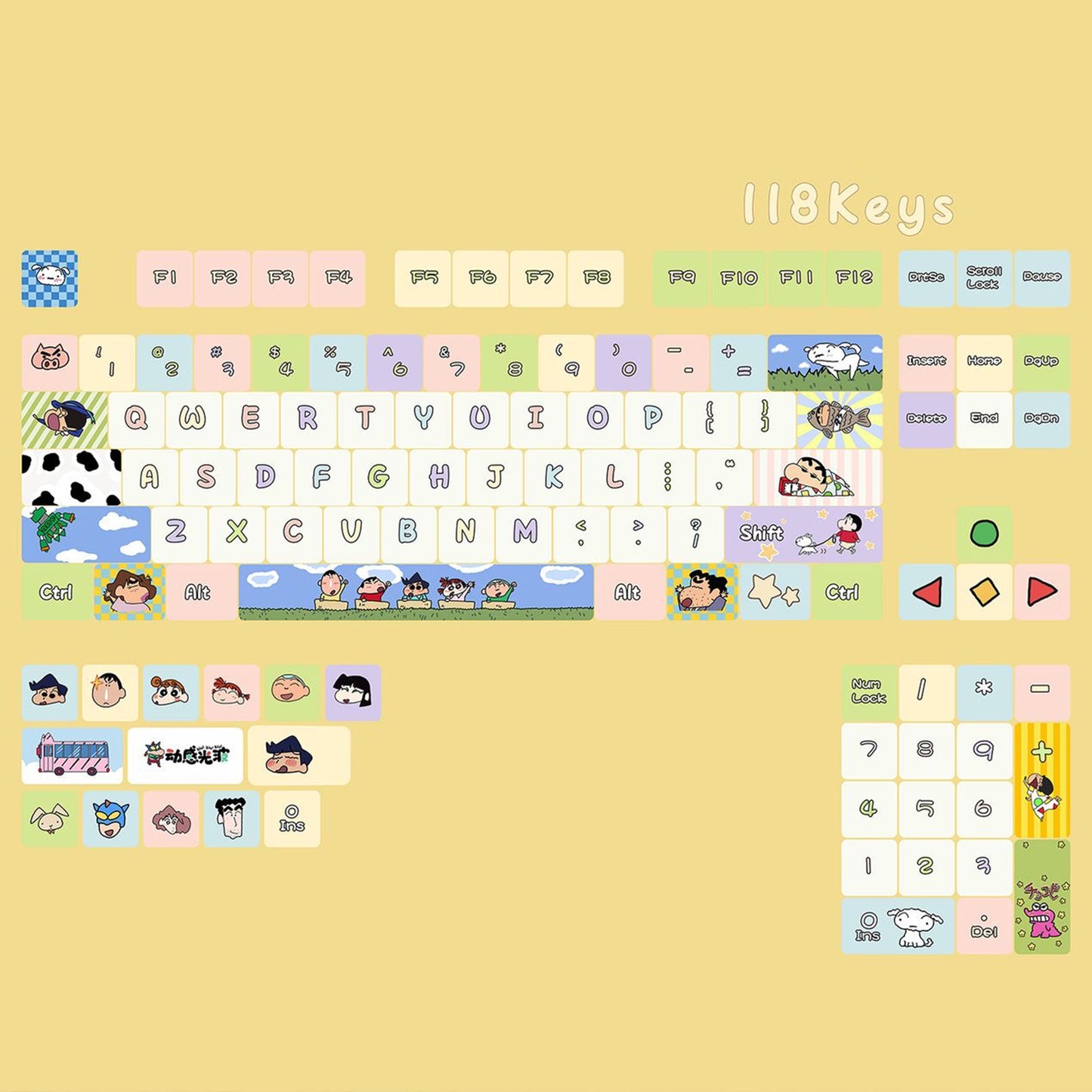 YMDK Crayon Cute Cartoon Anime Naughty 118keys Keycap MOA Profile 5 Sides Dye Sub PBT High-value Keycaps for 61/68/75/87/96/100/104/108 MX Mechanical Keyboard