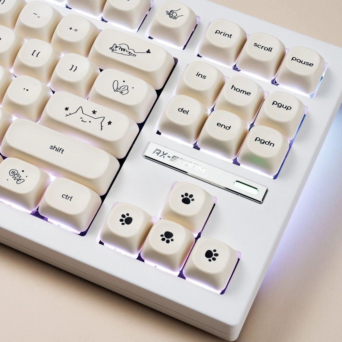 YMDK 124 Keys Milky White Cat Theme Keycap MOA Profile PBT Dye Sublimation Keycaps Top Print for 61/68/87/98/104/108 Layout MX Mechanical Keyboards