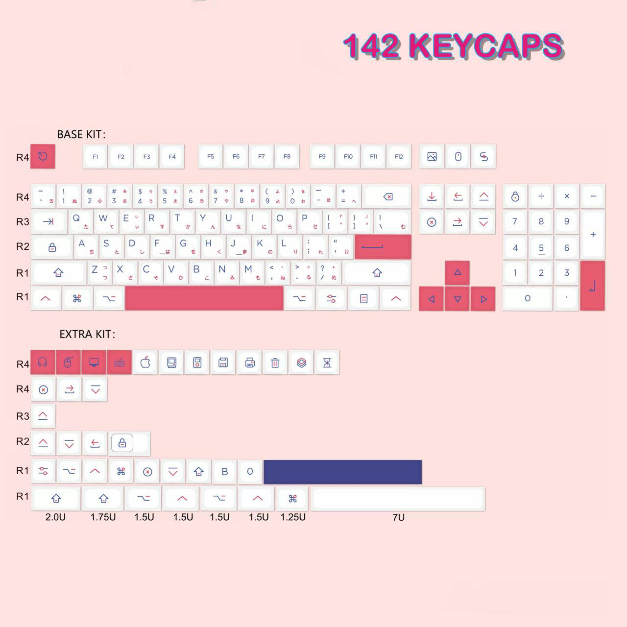 YMDK Red and Blue Color Keycaps 142 Keys MDA Profile PBT Dye Sublimation for mechanical keyboard