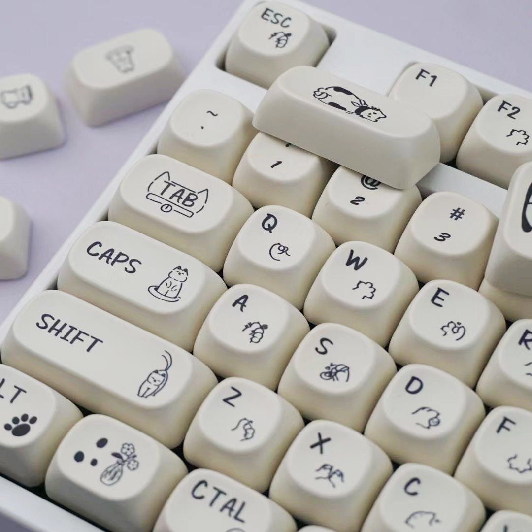 YMDK 124 Keys Milky White Cat Theme Keycap MOA Profile PBT Dye Sublimation Keycaps Top Print for 61/68/87/98/104/108 Layout MX Mechanical Keyboards