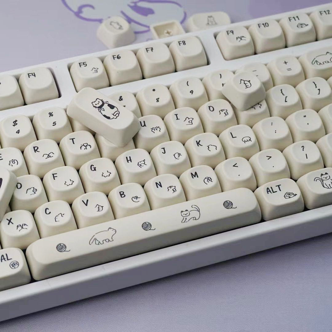 YMDK 124 Keys Milky White Cat Theme Keycap MOA Profile PBT Dye Sublimation Keycaps Top Print for 61/68/87/98/104/108 Layout MX Mechanical Keyboards