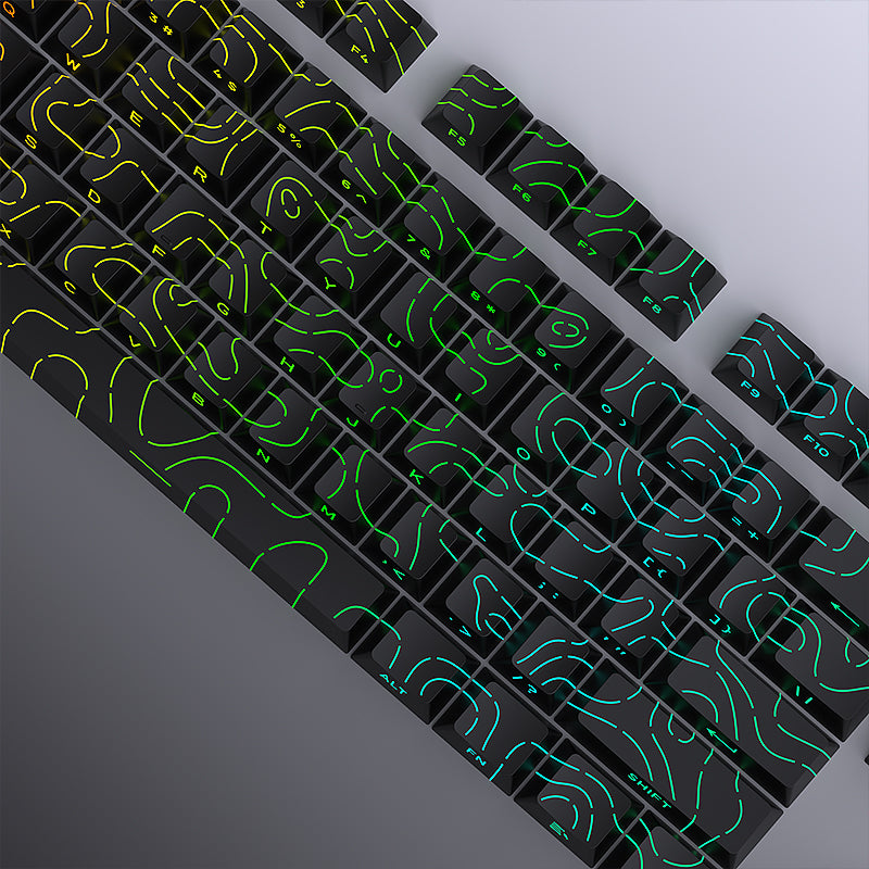 YMDK Contour Line Black White Keycaps 97 Keys Sidelit Light Backlit Translucent Cherry Profile PBT Double Shot Custom Key Caps for MX Mechanical Keyboards
