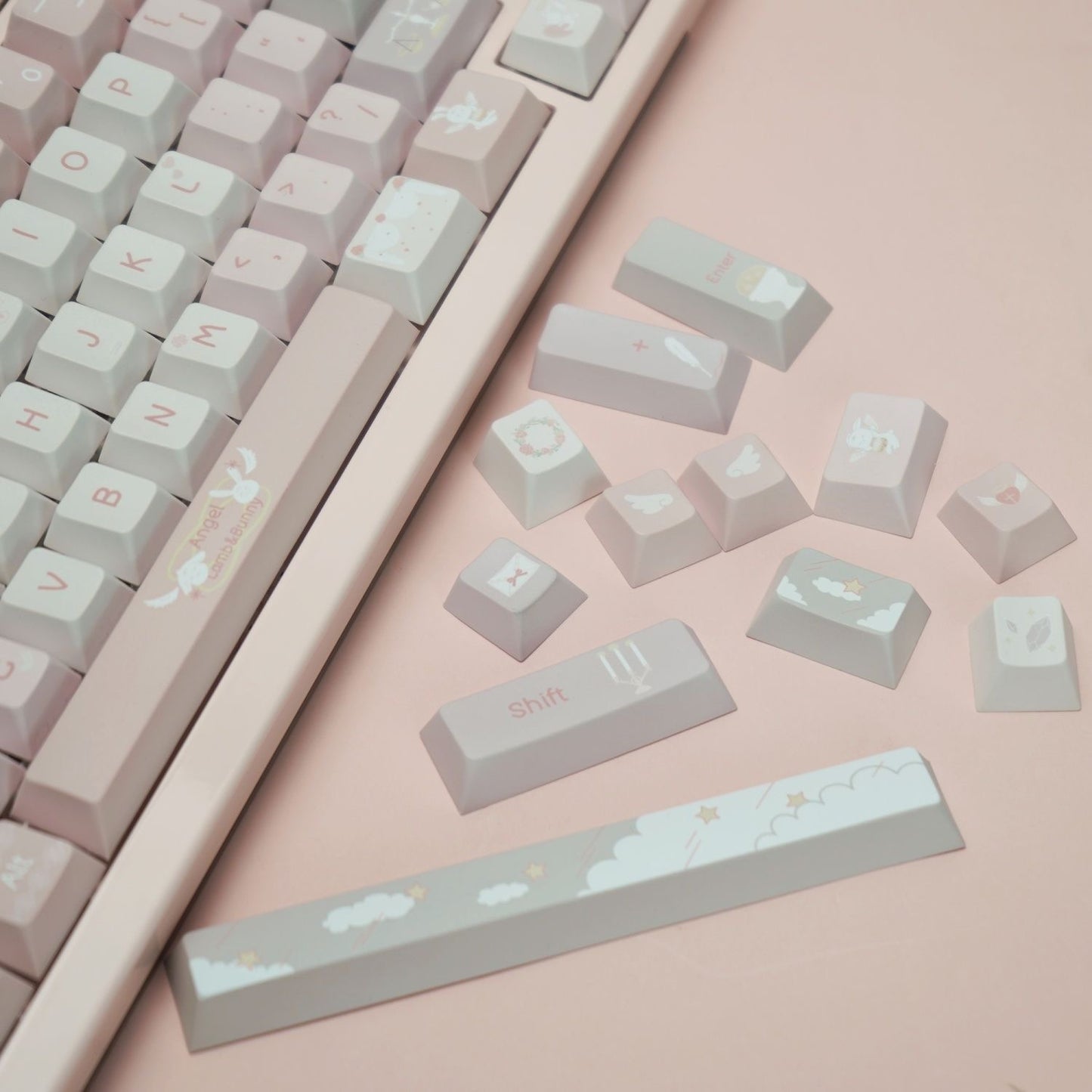 YMDK Soft Mist Angel Theme Keycaps Full Set 130 Keys Cherry Profile PBT Dye Sub Keycap for MX Mechanical Keyboard