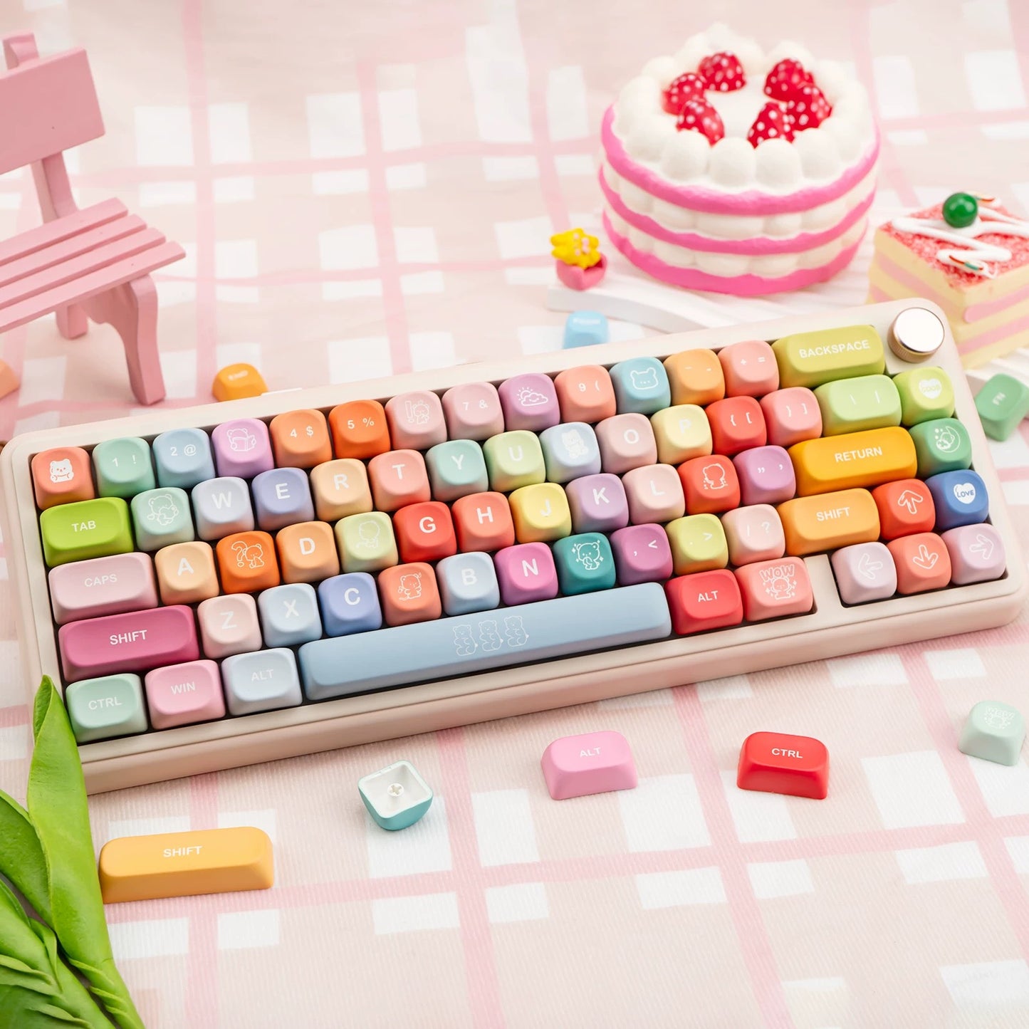 YMDK 134 Keys Color Gummy Cute Bear Theme MOA Profile PBT Material Dye Sublimation Top Print Keycaps for 61/68/84/87/98/104/108 MX Mechanical Keyboard
