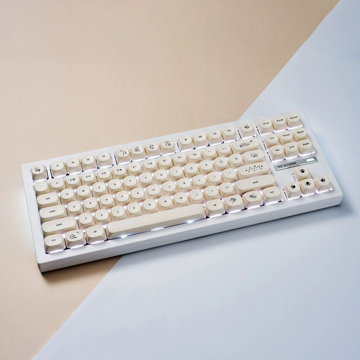 YMDK 124 Keys Milky White Cat Theme Keycap MOA Profile PBT Dye Sublimation Keycaps Top Print for 61/68/87/98/104/108 Layout MX Mechanical Keyboards