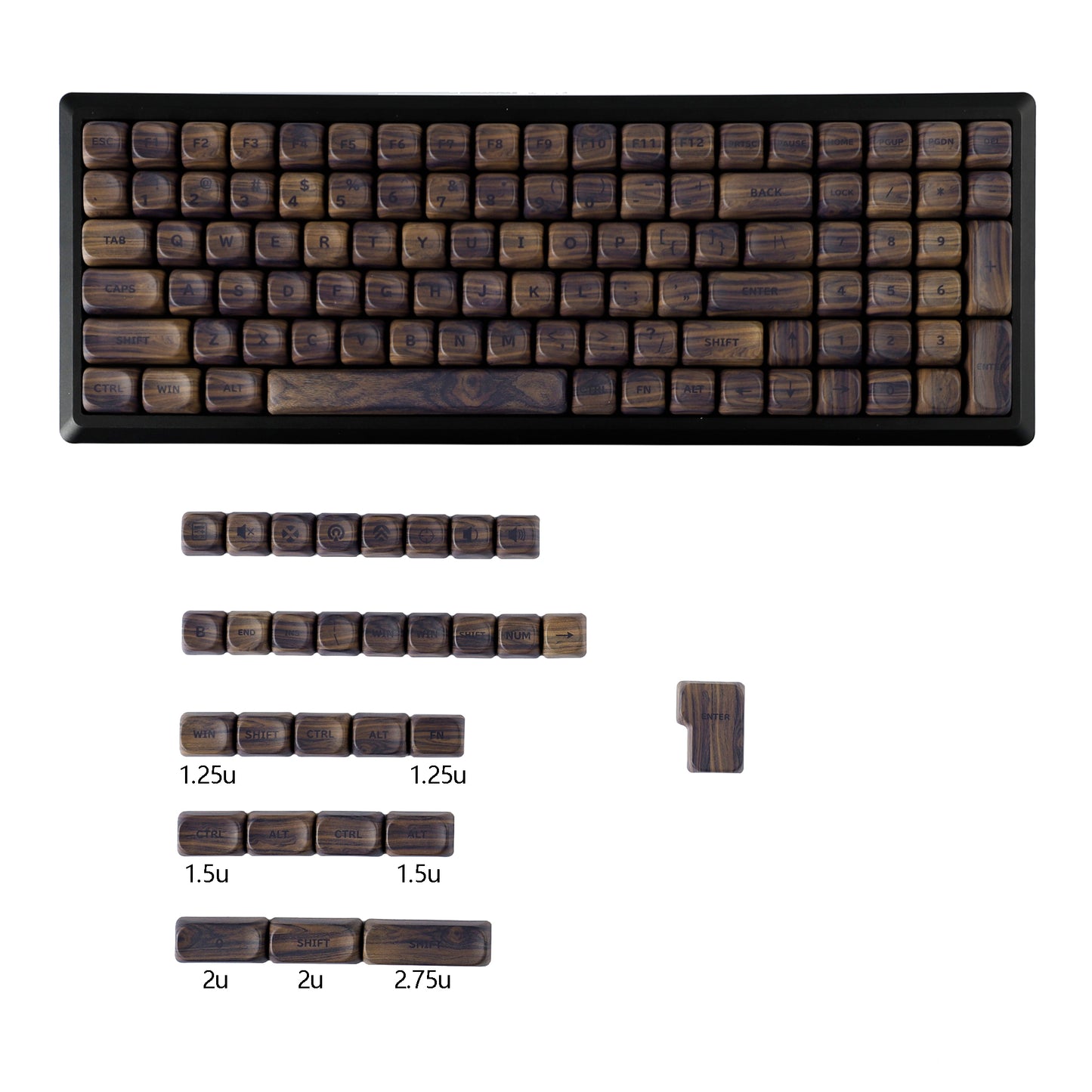 YMDK Wood PBT Keycaps MOA Profile 130 Keys Dye Sub Top Print Walnut Pattern Custom Keycap Set for MX Mechanical Keyboard 61/64/68/84/87/100/104/108 Layout