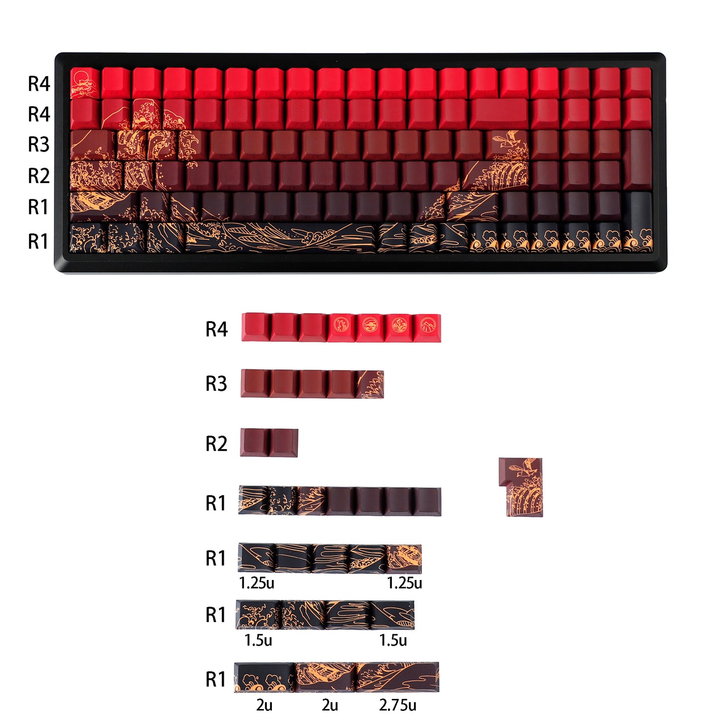 YMDK Red Star Gold Coral Theme 134 Keys PBT+PC Keycaps Five-Sided Dye Sub Side-lit Shine Through Custom Keycap Double Shot Cherry Profile for MX Mechanical Keyboard