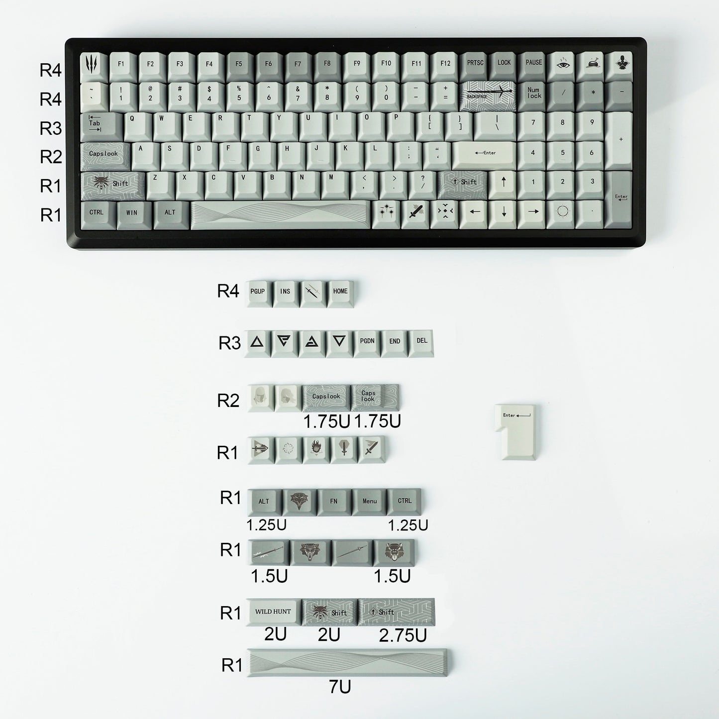 YMDK Wild Hunt Theme PBT Keycap 134 Keys Dye Sub Cherry Profile Top Print Custom Keycaps for MX Mechanical Keyboard