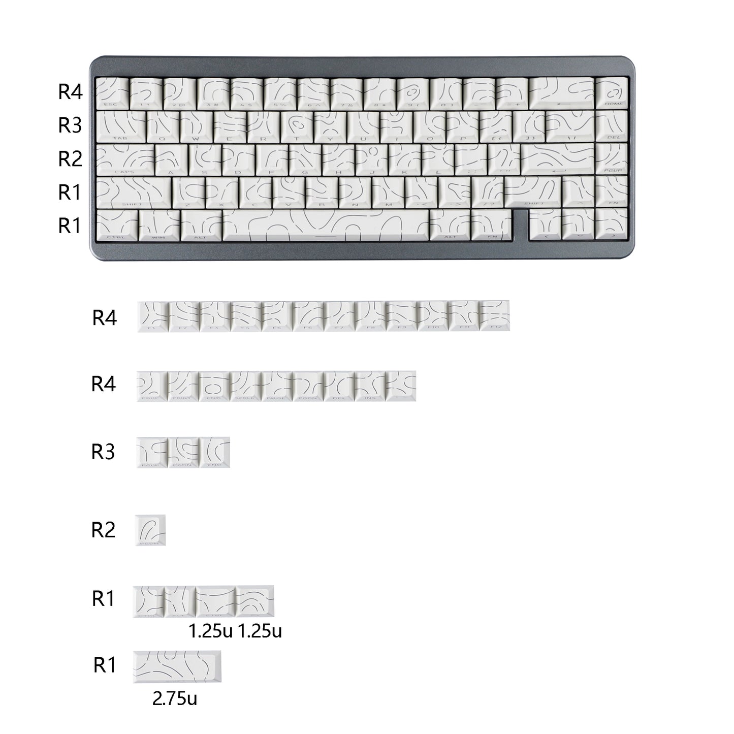 YMDK Contour Line Black White Keycaps 97 Keys Sidelit Light Backlit Translucent Cherry Profile PBT Double Shot Custom Key Caps for MX Mechanical Keyboards
