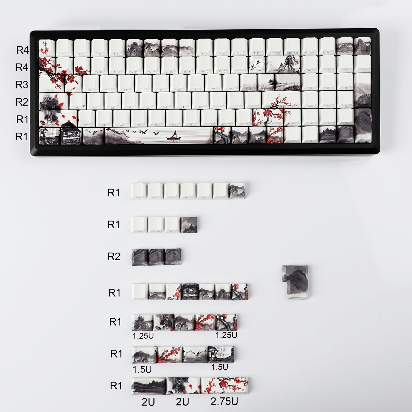 YMDK Plum Blossom Landscape Theme 135 Keys PBT Keycaps Dye Sub Custom Keycap Double Shot Side-lit Shine Through Cherry Profile for MX Mechanical Keyboard