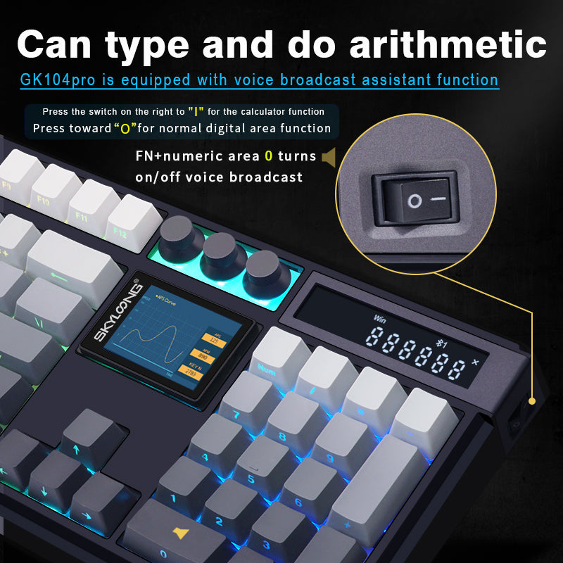 SKYLOONG GK104Pro Full-Size 3-Mode Wireless Mechanical Keyboard with 2.0 Screen 3 Knobs Hot-Swappable Side-Engraved PBT keycaps GK104 Pro Fully Assembly Keyboard