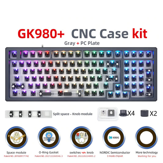 GK980 Aluminum Triple-Mode 4 Knobs Gasket RGB Hot Swappable  Bluetooth 2.4G Mechanical Keyboard Kit(Macro Programmable)