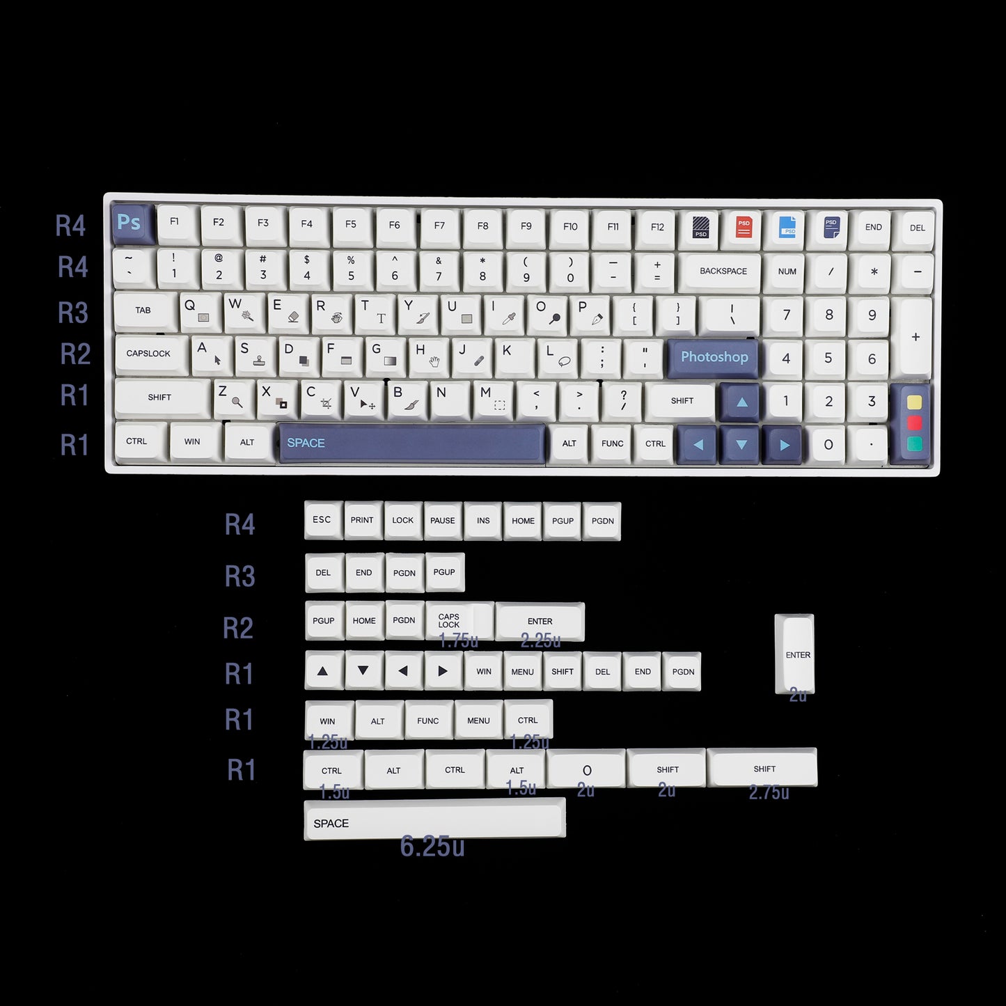 YMDK PS 142 Keycaps(Dye Sub MDA Profile 1.55mm)