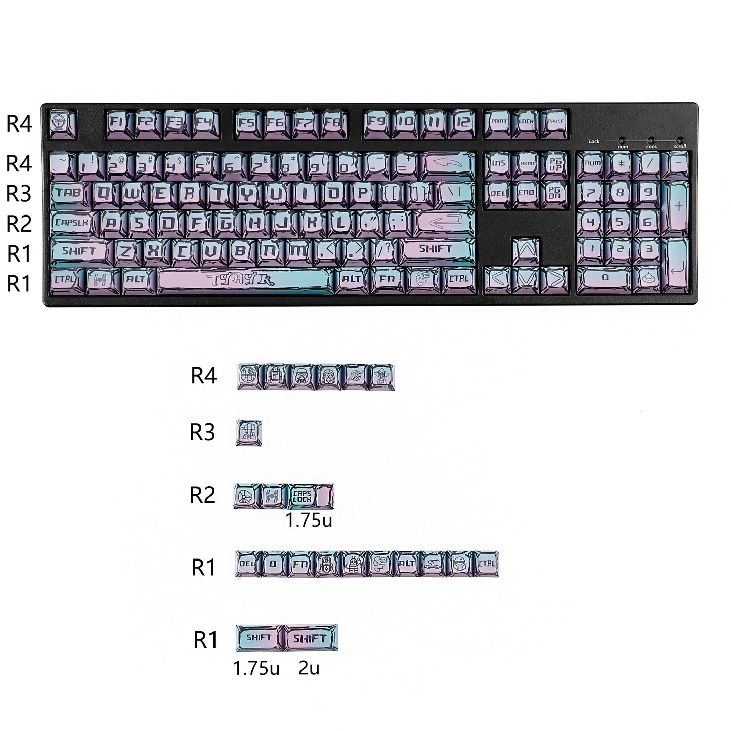 YMDK Cyberpunk Keycaps 126 keys Gradient Color Five-sided Dye Sub MDA Profile PBT MX Mechanical Keyboard Keycap 65/75/87/98/100/104