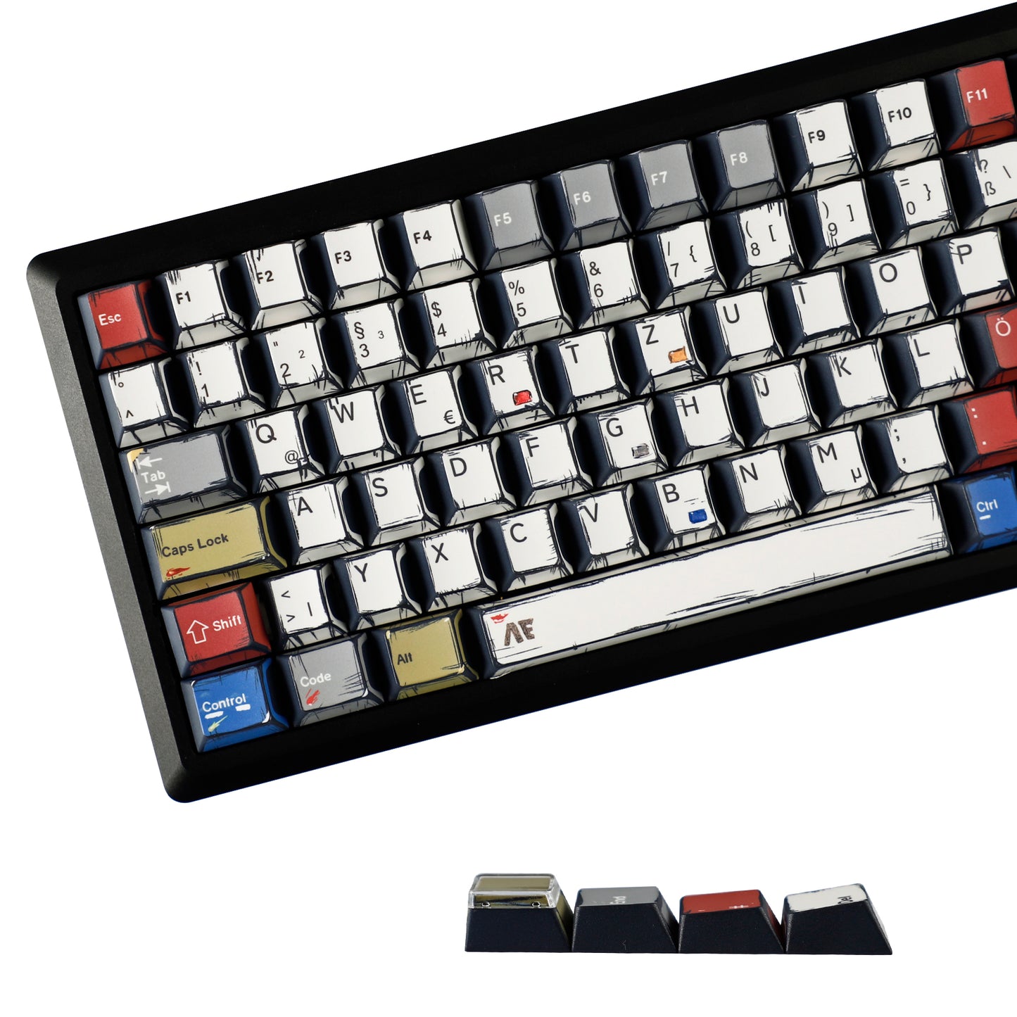 YMDK Retro Manga Theme Keycaps English German QWERTZ Layout Anime Comic Full Set 141 Keys Creative Interesting Homemade Custom Keycap PBT Dye Sub Cherry Profile Key Caps for MX Mechanical Keyboard