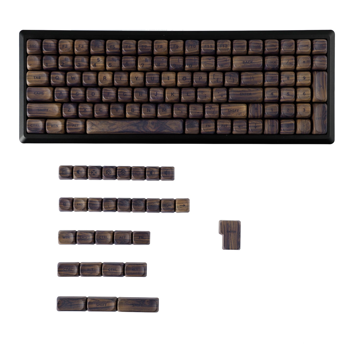 YMDK Wood PBT Keycaps MOA Profile 130 Keys Dye Sub Top Print Walnut Pattern Custom Keycap Set for MX Mechanical Keyboard 61/64/68/84/87/100/104/108 Layout