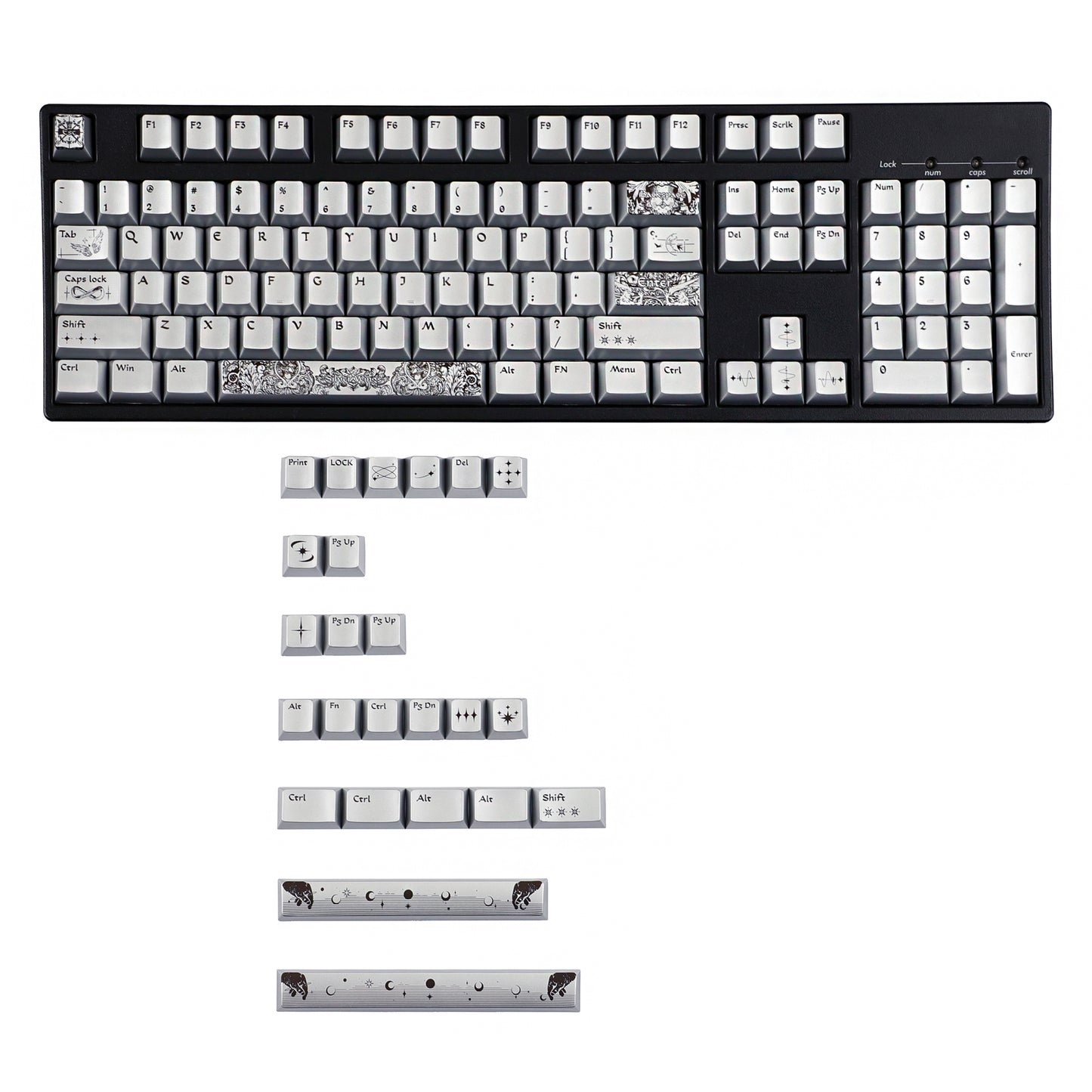 YMDK 128 Keys Silver Wing Style Metallic Paint Finish Cherry Profile PC Dye Sub Keycaps for 75/87/98/104/108 MX Mechanical Keyboard