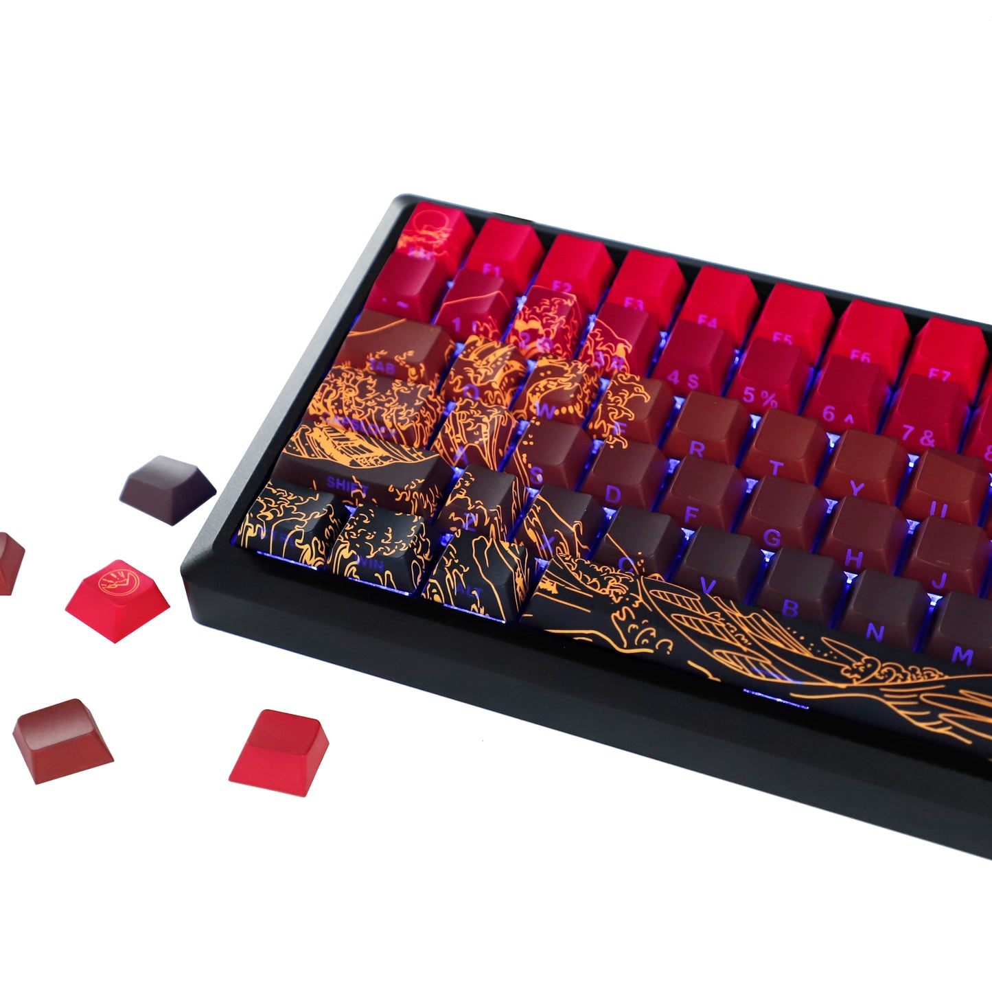 YMDK Red Star Gold Coral Theme 134 Keys PBT+PC Keycaps Five-Sided Dye Sub Side-lit Shine Through Custom Keycap Double Shot Cherry Profile for MX Mechanical Keyboard
