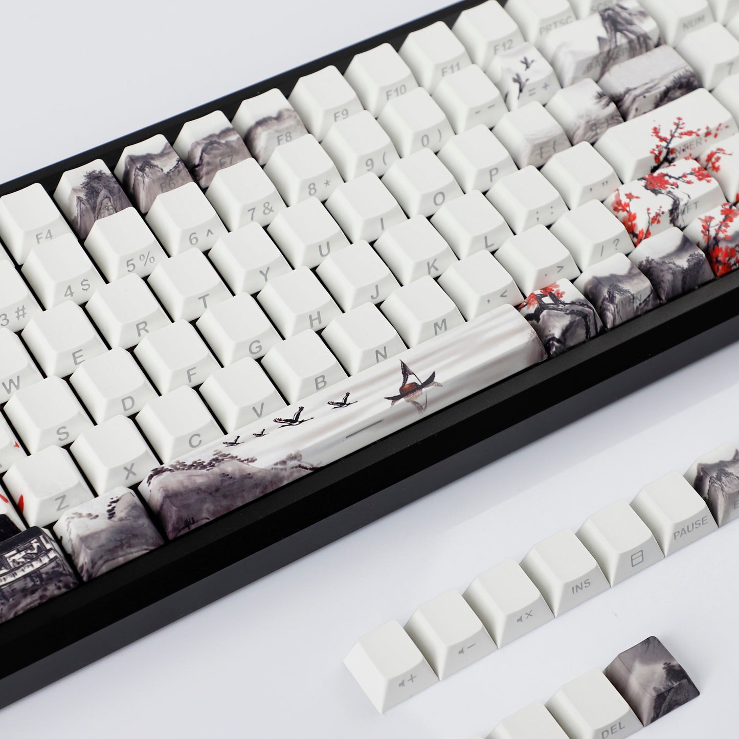 YMDK Plum Blossom Landscape Theme 135 Keys PBT Keycaps Dye Sub Custom Keycap Double Shot Side-lit Shine Through Cherry Profile for MX Mechanical Keyboard