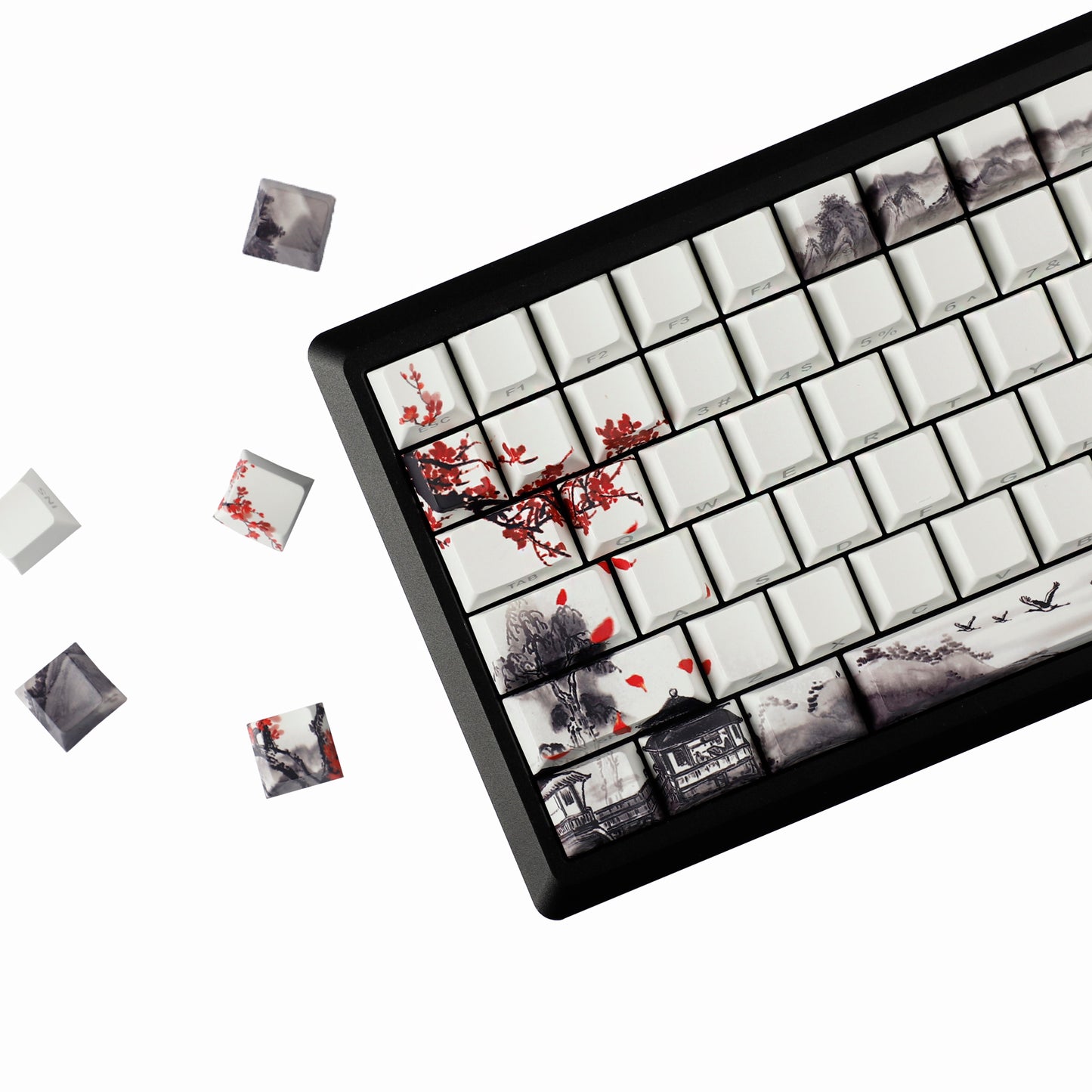 YMDK Plum Blossom Landscape Theme 135 Keys PBT Keycaps Dye Sub Custom Keycap Double Shot Side-lit Shine Through Cherry Profile for MX Mechanical Keyboard