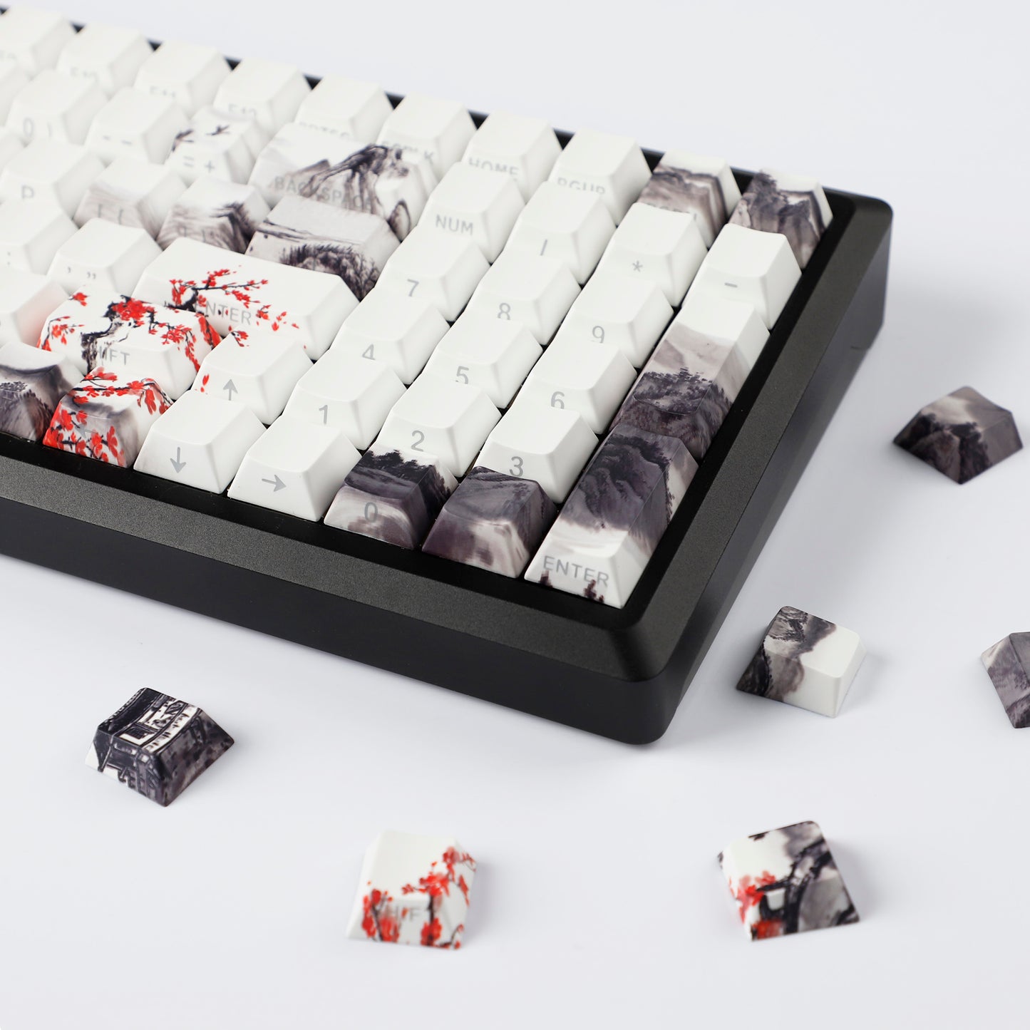 YMDK Plum Blossom Landscape Theme 135 Keys PBT Keycaps Dye Sub Custom Keycap Double Shot Side-lit Shine Through Cherry Profile for MX Mechanical Keyboard