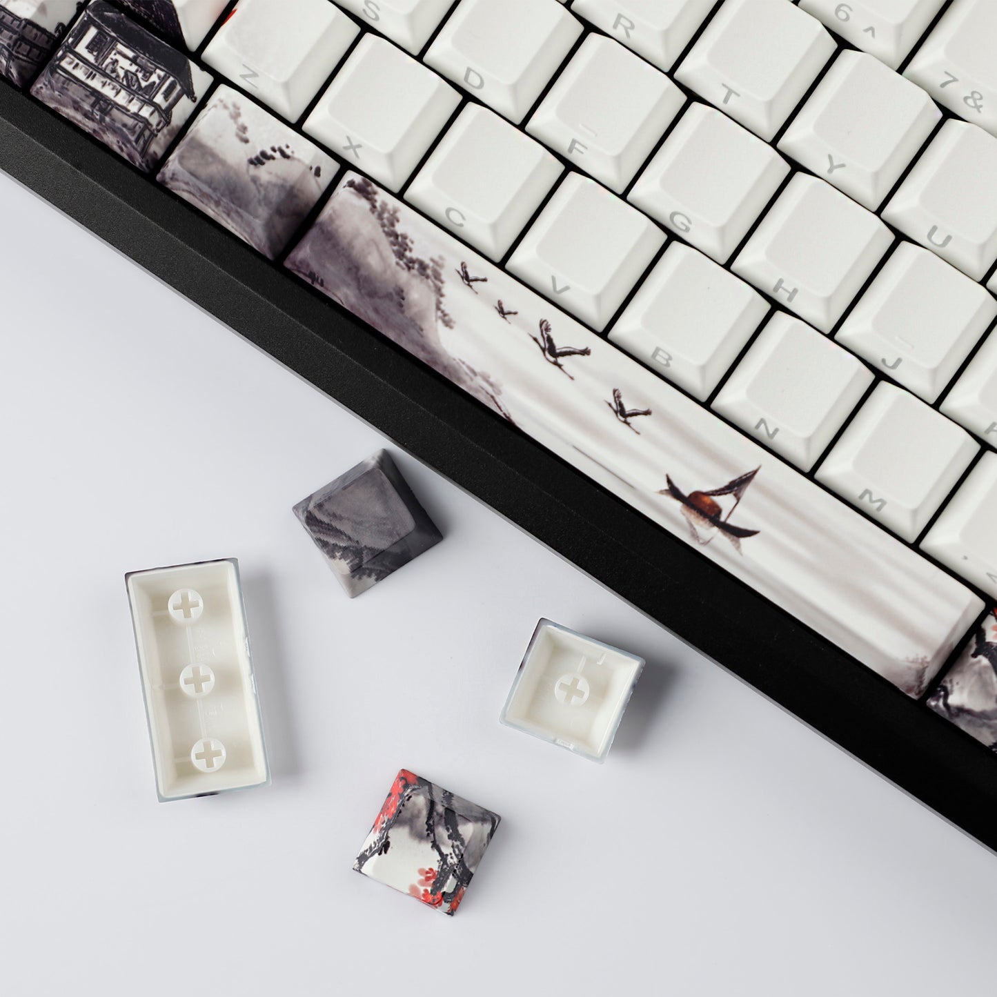 YMDK Plum Blossom Landscape Theme 135 Keys PBT Keycaps Dye Sub Custom Keycap Double Shot Side-lit Shine Through Cherry Profile for MX Mechanical Keyboard