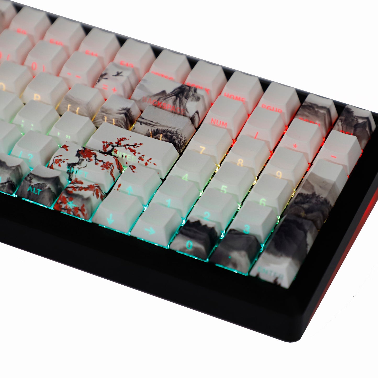 YMDK Plum Blossom Landscape Theme 135 Keys PBT Keycaps Dye Sub Custom Keycap Double Shot Side-lit Shine Through Cherry Profile for MX Mechanical Keyboard
