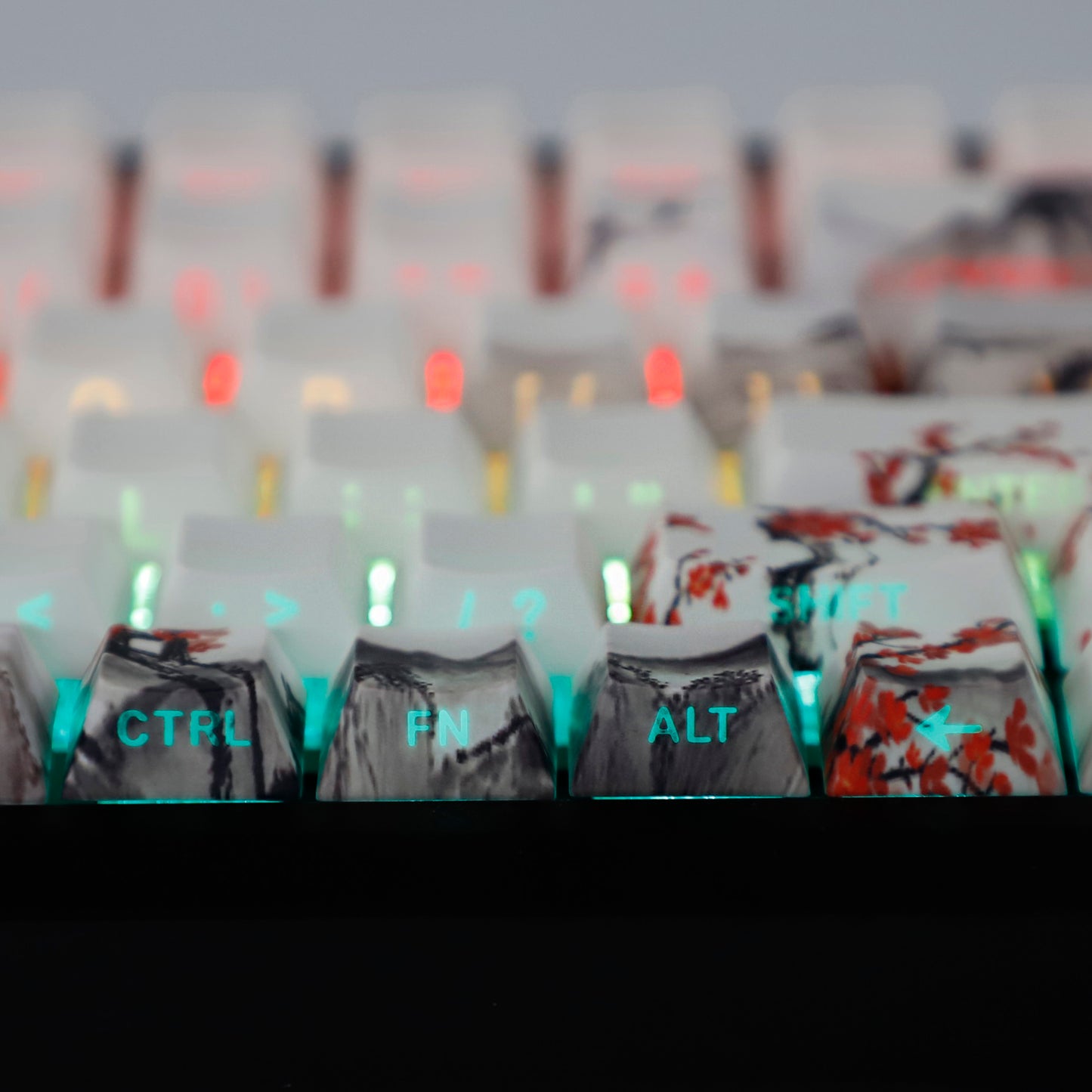 YMDK Plum Blossom Landscape Theme 135 Keys PBT Keycaps Dye Sub Custom Keycap Double Shot Side-lit Shine Through Cherry Profile for MX Mechanical Keyboard